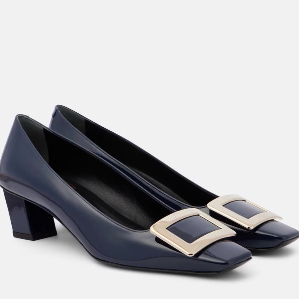 NEW Roger Vivier Navy Blue Patent Leather Square Toe Low Pump Heels Sz 36 US 6